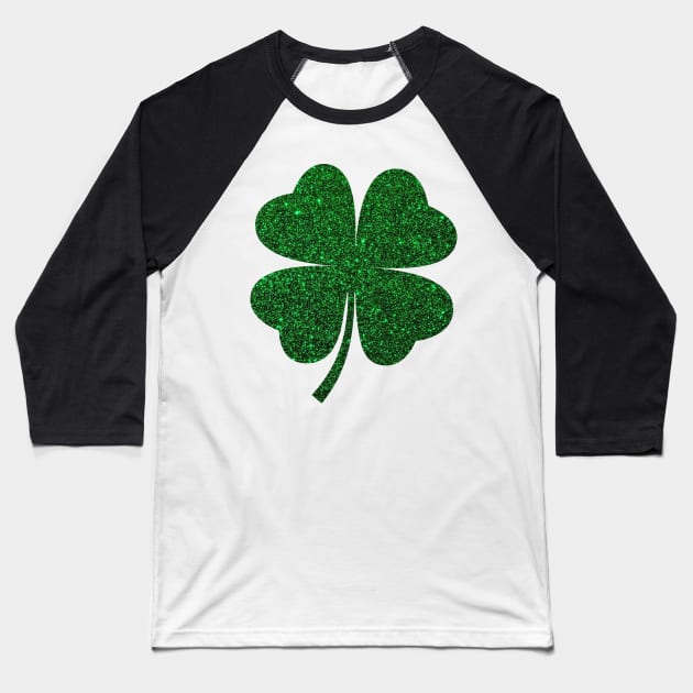 St Patricks Day, Deep Green Faux Glitter 4 Leaf Clover Baseball T-Shirt by Felicity-K